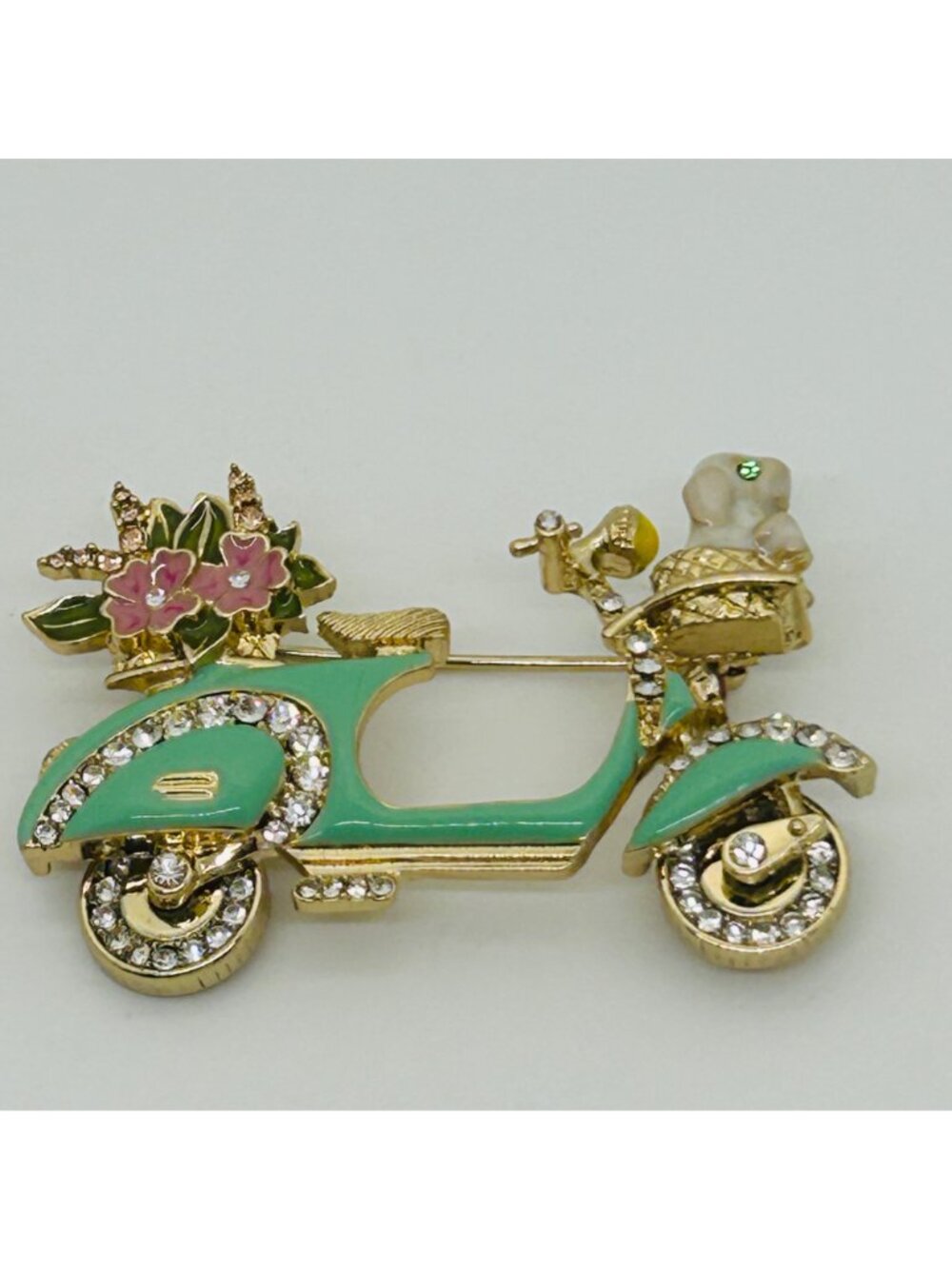 Anne Klein Green Enamel Scooter Brooch With Dog & Flower Rhinestone Accents - Picture 6 of 11